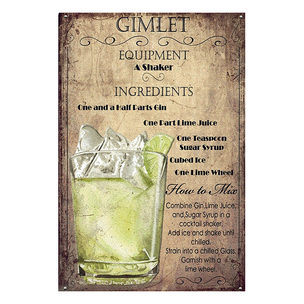 Retro Gimlet aluminium wall sign featuring cocktail recipe and vintage design, perfect for home bars, pubs, and man caves.