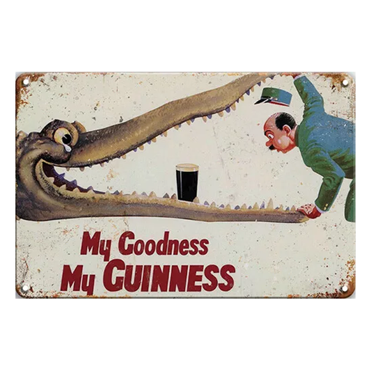 My Goodness My Guinness retro metal sign featuring a zookeeper and crocodile illustration, perfect for home bars, pubs, or Guinness collectors.