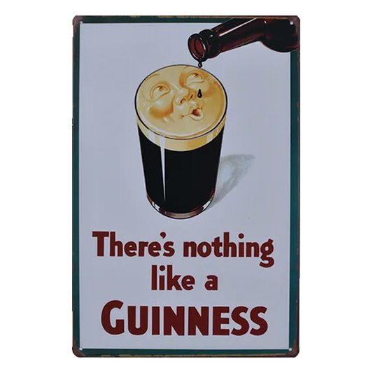 There’s Nothing Like a Guinness retro metal sign featuring a whimsical frothy glass illustration, perfect for pubs, home bars, or Guinness collectors.