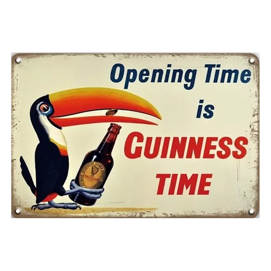 Retro metal sign featuring the Guinness toucan with a bottle of stout and the slogan "Opening Time is Guinness Time." Perfect for home bars or pubs.