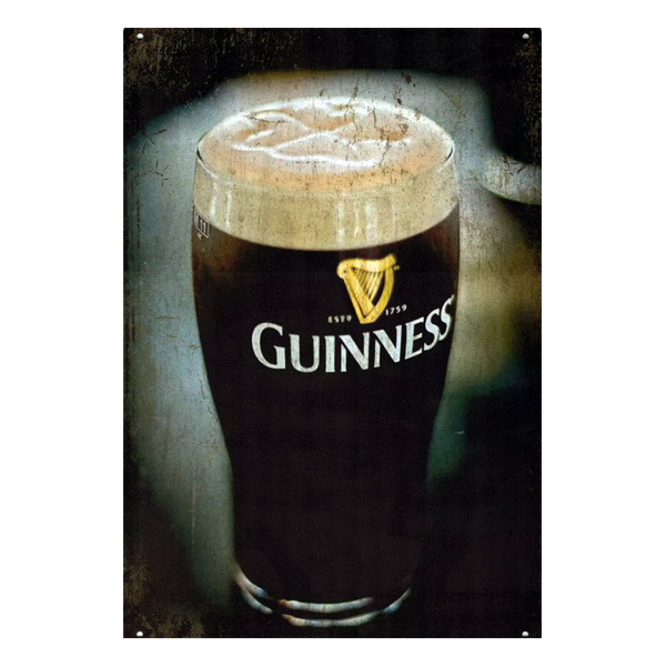 Retro metal sign featuring a detailed image of a pint of Guinness with a creamy head, perfect for home bars, pubs, or Guinness collectors.