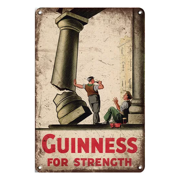 Guinness for Strength vintage metal sign featuring a worker holding a broken column, perfect for home bars, pubs, or man caves.