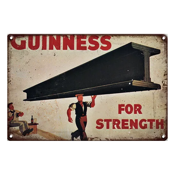 Guinness for Strength retro metal sign featuring a classic steel beam and worker illustration, perfect for pubs, home bars, or beer enthusiasts.