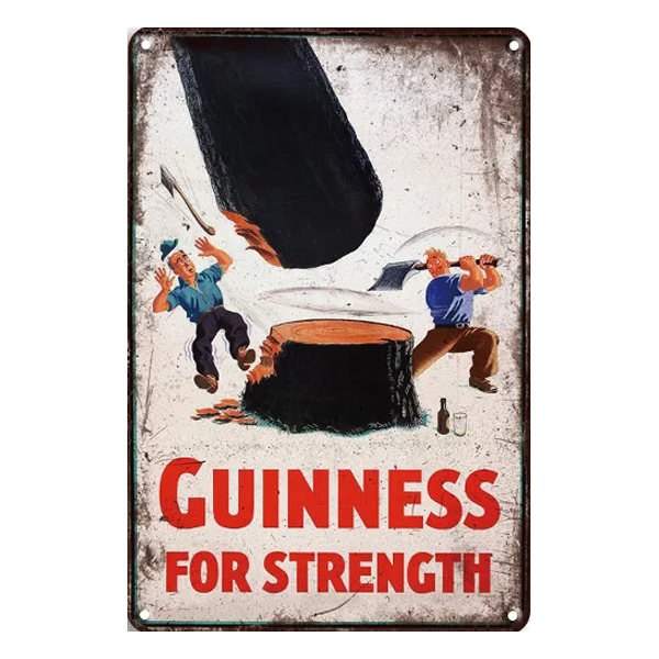 Guinness for Strength retro metal sign featuring a humorous lumberjack scene, perfect for pubs, home bars, or nostalgic Guinness collectors.