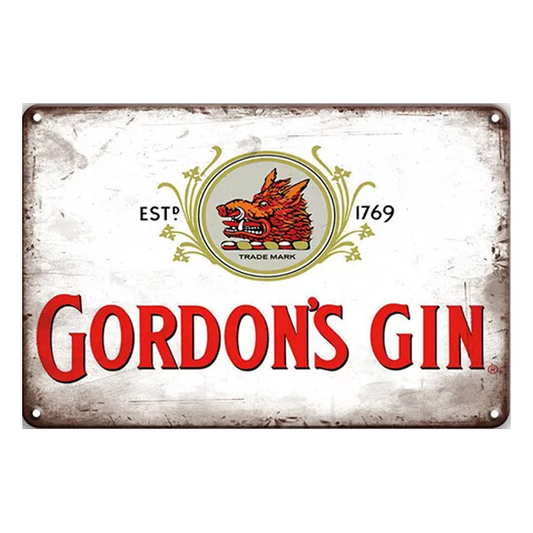 Retro Gordon's Gin metal sign featuring the iconic logo and vintage design, perfect for home bars, pubs, or gin lovers.