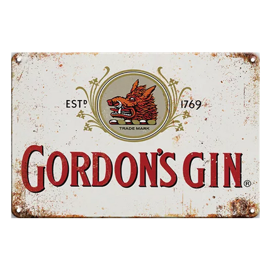 Vintage Gordon's Gin metal sign featuring the classic wild boar logo and "Est. 1769" text, ideal for home bars, pubs, or gin lovers.