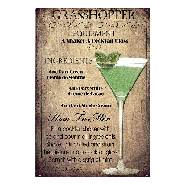 Retro Grasshopper aluminium wall sign featuring cocktail recipe and vintage design, ideal for home bars, pubs, and man caves.