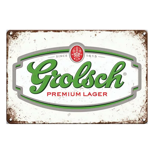 Vintage Grolsch Premium Lager aluminium sign with green and red logo, "Since 1615," and a rustic weathered finish. Ideal for home bars and man caves.