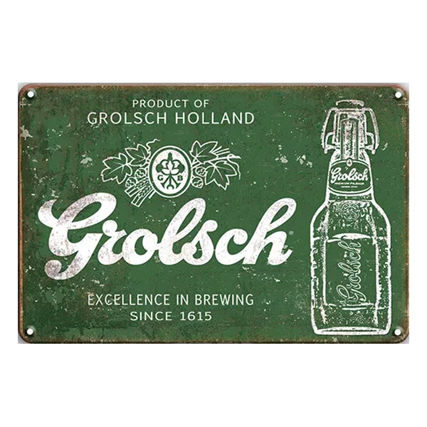 Rustic Grolsch retro aluminium sign featuring the iconic logo, a classic bottle design, and "Excellence in Brewing Since 1615." Perfect for home bars and pubs.