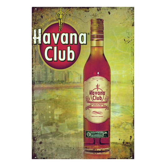 Havana Club retro metal sign featuring a vibrant Cuban backdrop and iconic rum bottle design, perfect for bars and rum enthusiasts.