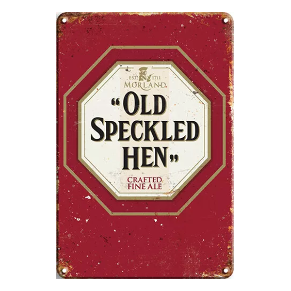 Old Speckled Hen retro aluminium sign featuring the Morland Fine Ale branding with a vintage red background and white octagonal centre.