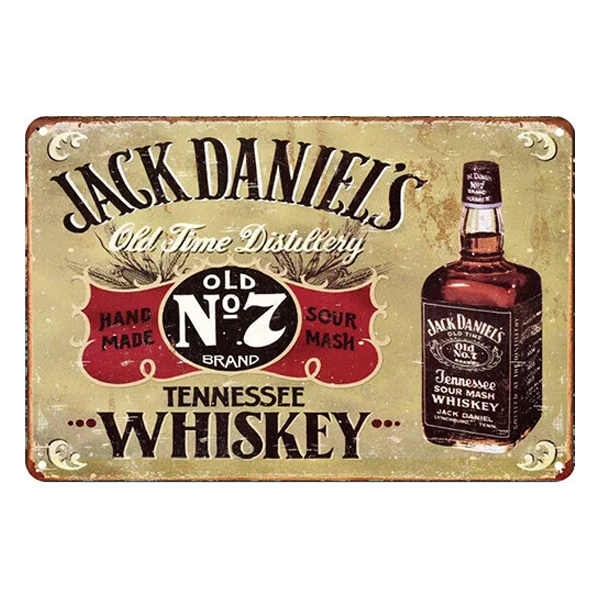 Vintage Jack Daniel's Tennessee Whiskey metal sign featuring Old No. 7 brand design and bottle illustration, ideal for home bars, pubs, or man caves.