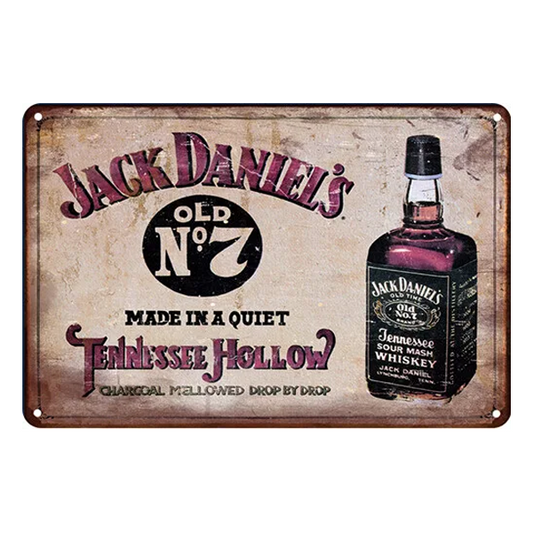 Retro Jack Daniel's Old No. 7 Tennessee Hollow metal sign featuring a vintage bottle design, ideal for home bars, pubs, or man caves.