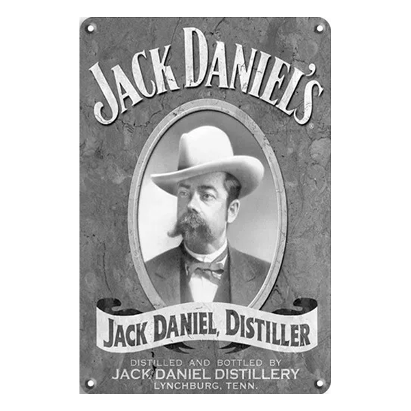 Retro Jack Daniel Distiller metal sign featuring a black-and-white portrait of Jack Daniel, ideal for home bars, pubs, or whiskey enthusiasts.