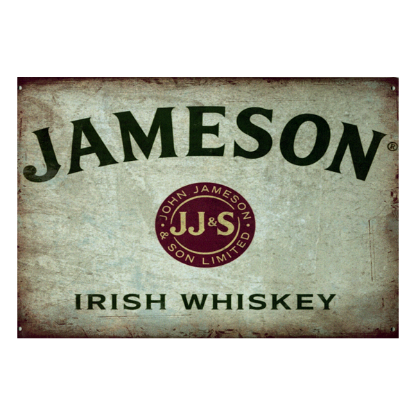 Jameson Irish Whiskey retro metal sign featuring the iconic JJ&S emblem, perfect for home bars, pubs, or whiskey collections.