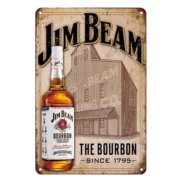 Retro Jim Beam Bourbon metal sign featuring a bottle design and vintage distillery illustration, perfect for home bars, pubs, or man caves.