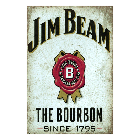 Retro metal sign featuring Jim Beam branding with a vintage-style design, perfect for pubs, home bars, or bourbon enthusiasts.