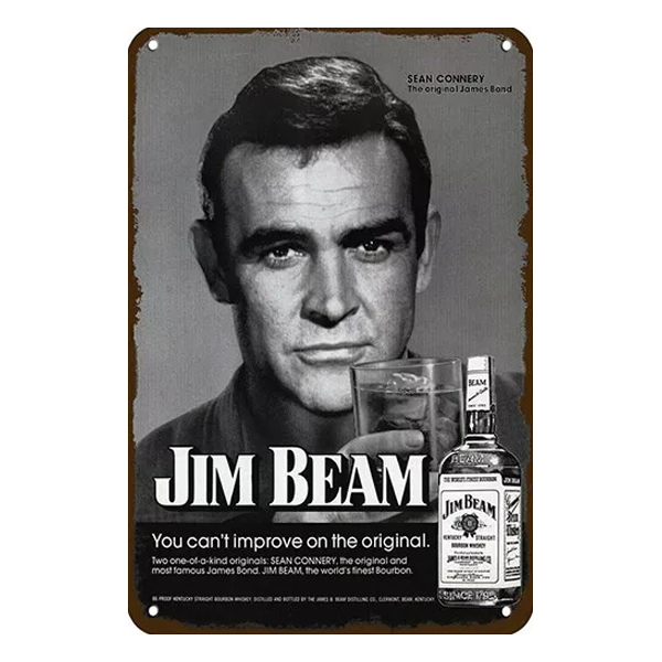 Vintage Jim Beam metal sign featuring Sean Connery in a black-and-white advertisement, perfect for home bars, pubs, or man caves.