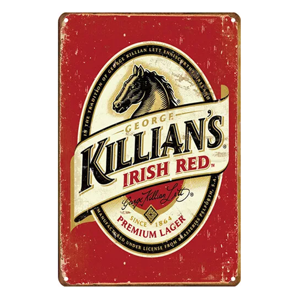 Vintage George Killian's Irish Red aluminium sign featuring the iconic horse logo, distressed red and gold design, and premium lager branding. Ideal for home bars and pubs.