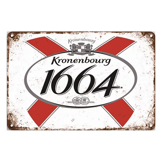 Vintage Kronenbourg 1664 aluminium sign featuring the iconic logo, red accents, and a distressed design. Perfect for home bars, pubs, and man caves.