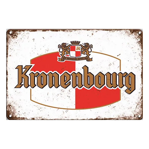 Vintage Kronenbourg aluminium sign featuring the classic red and white crest, gold accents, and a distressed design. Perfect for home bars and pubs.