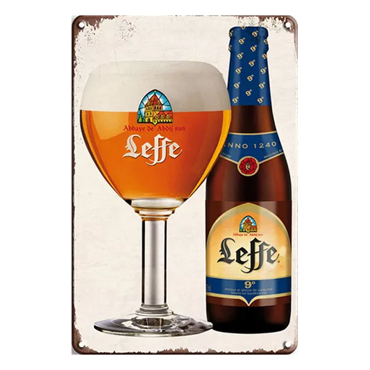 Leffe Abbey Beer retro aluminium sign featuring a chalice of beer and a bottle of Leffe, with a vintage distressed finish. Perfect for home bars and pubs.