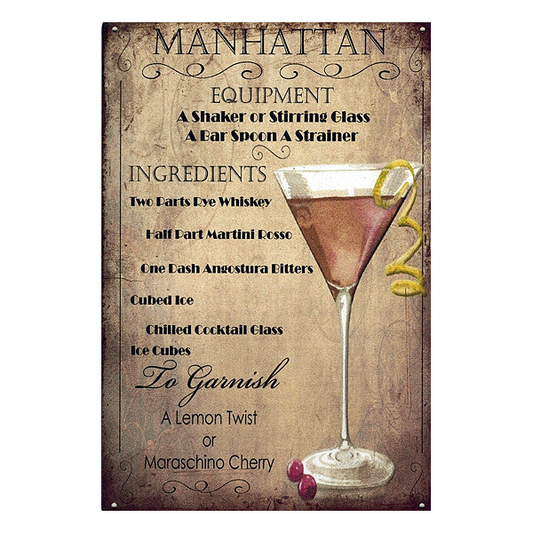 Retro Manhattan aluminium wall sign featuring cocktail recipe and vintage design, perfect for pubs, home bars, and man caves