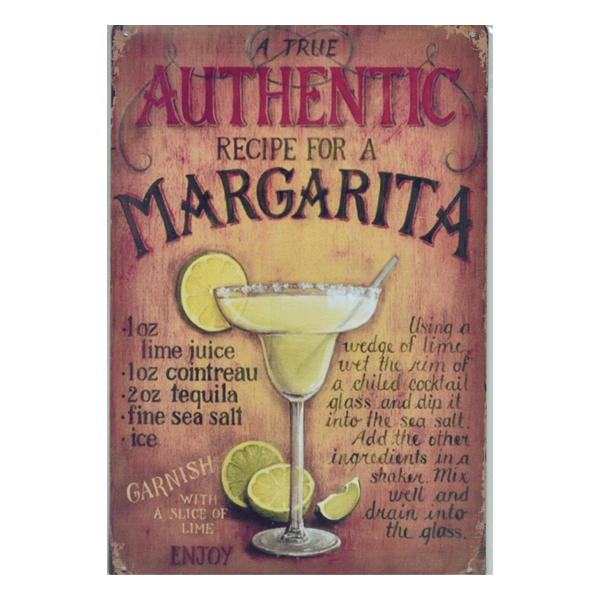 A retro aluminium sign featuring an authentic Margarita cocktail recipe, perfect for home bars, pubs, and man caves.