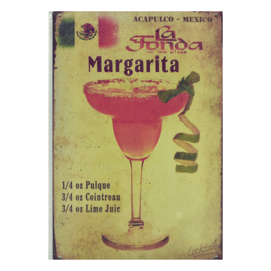 Vintage La Fonda Margarita recipe aluminium sign featuring a retro Mexican design, ideal for home bars and man caves.