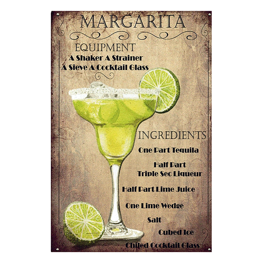 Retro Margarita aluminium wall sign featuring cocktail recipe and vintage design, perfect for home bars, pubs, and man caves.