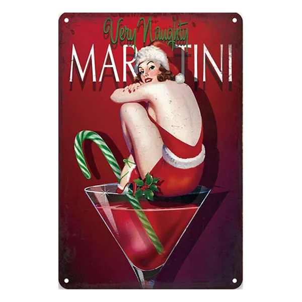 Retro "Very Naughty Martini" aluminium sign featuring a festive pin-up illustration with a martini glass, candy canes, and Christmas décor.