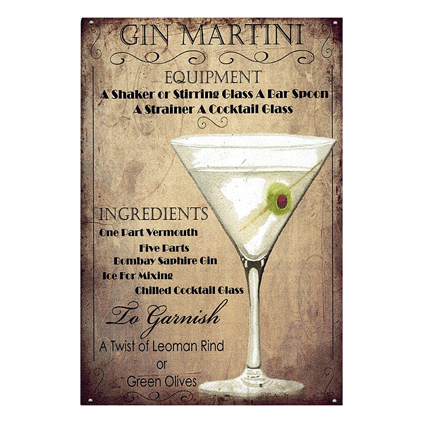 Retro Gin Martini aluminium wall sign featuring cocktail recipe and vintage design, perfect for pubs, home bars, and man caves.