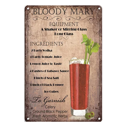 Retro Bloody Mary aluminium wall sign featuring cocktail recipe and vintage design, perfect for home bars, pubs, and man caves.