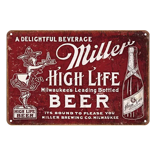 Retro Miller High Life aluminium sign with red vintage design featuring iconic bottle and nostalgic typography, perfect for beer enthusiasts.