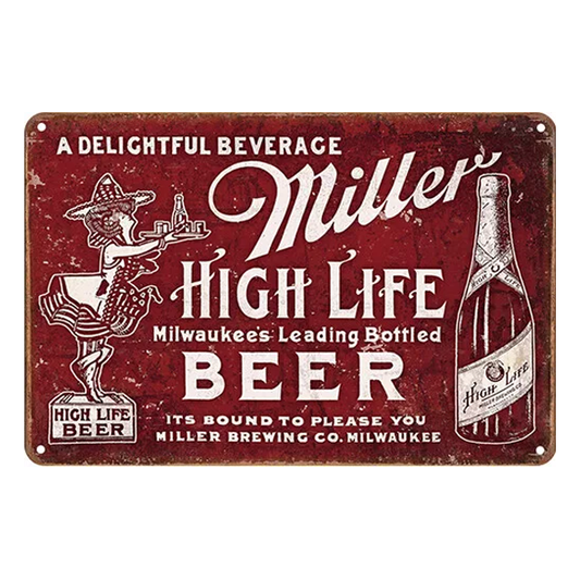 Retro Miller High Life aluminium sign with red vintage design featuring iconic bottle and nostalgic typography, perfect for beer enthusiasts.