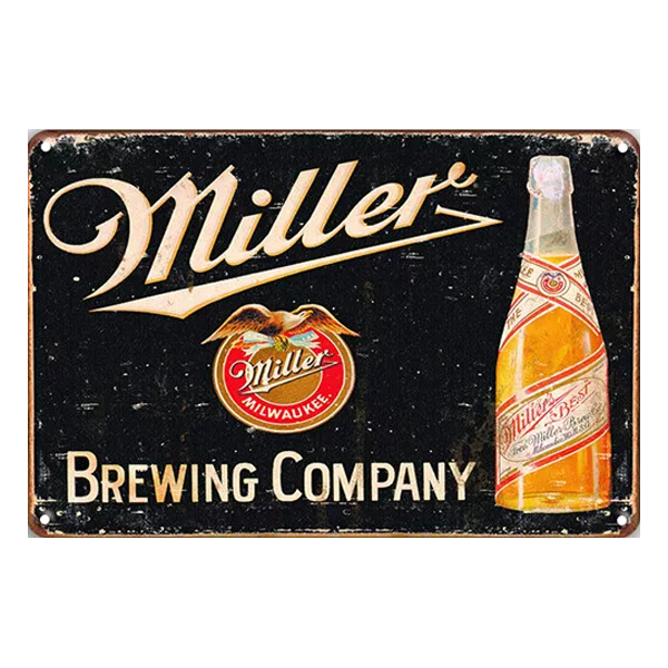 Retro Miller Brewing Company aluminium sign featuring the iconic eagle logo, High Life bottle, and distressed vintage design.