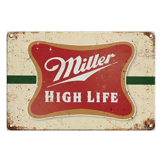 Miller High Life aluminium sign with retro red and gold design, featuring the iconic Miller logo and a distressed vintage finish.