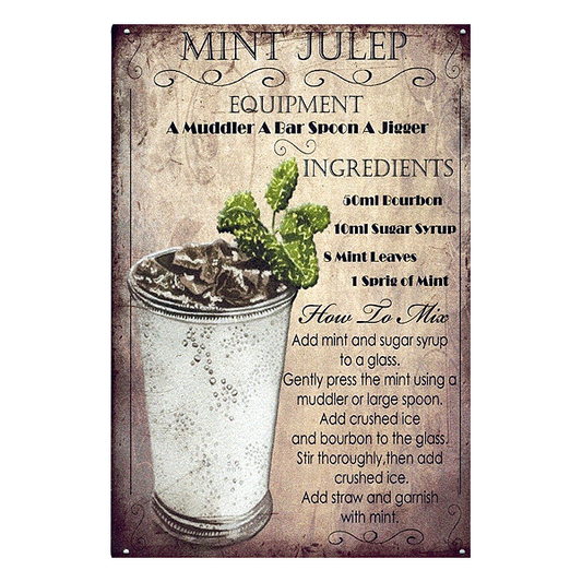 Retro Mint Julep aluminium wall sign featuring cocktail recipe, ideal for pubs, home bars, or man caves.