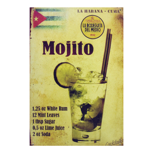 Retro Mojito aluminium wall sign featuring classic Cuban cocktail recipe, ideal for pubs, clubs, or home bars