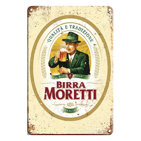 Birra Moretti retro aluminium sign featuring the iconic gentleman with a pint, and the text "Qualità e Tradizione Dal 1859," measuring 20cm x 30cm with pre-drilled holes for mounting.