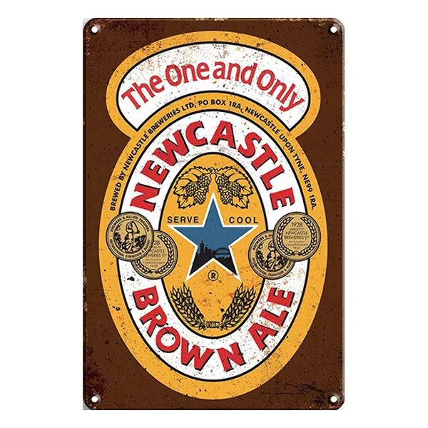 Newcastle Brown Ale retro aluminium sign featuring "The One and Only" slogan, blue star logo, and vintage brown background.