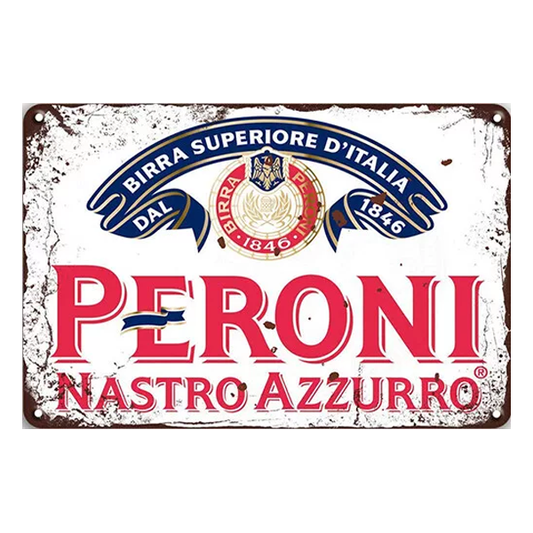 Vintage Peroni Nastro Azzurro aluminium sign featuring the "Birra Superiore d’Italia" logo with distressed white and red design elements.