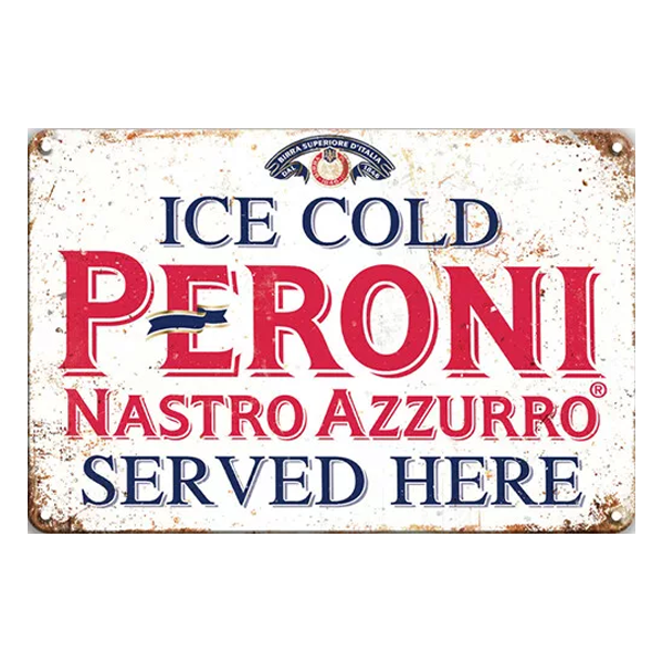 Vintage Peroni Nastro Azzurro aluminium sign with "Ice Cold Served Here" text, distressed design, and bold red and blue branding. Ideal for home bars and pubs.