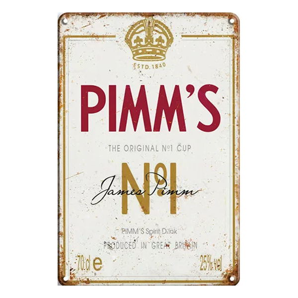 Retro Pimm's No.1 Cup metal sign featuring the classic logo and crown emblem, perfect for home bars, garden parties, or pubs.