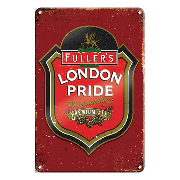 Vintage Fuller's London Pride aluminium sign featuring iconic red and gold branding with a distressed finish. Perfect for pubs, home bars, and man caves.