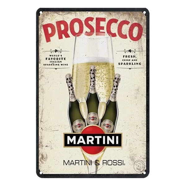 Prosecco Martini & Rossi retro metal sign featuring a sparkling wine glass and bottles, ideal for pubs, home bars, or Prosecco lovers.