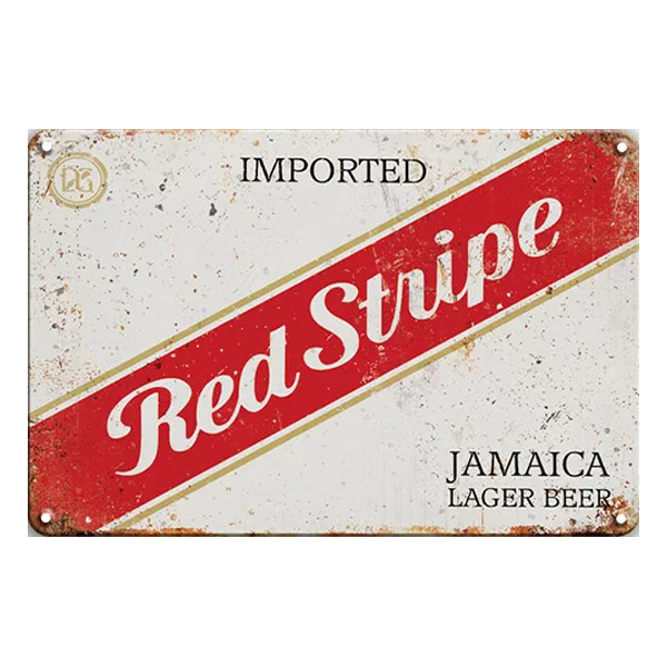 Retro Red Stripe Jamaica Lager Beer aluminium sign featuring a distressed white background with a bold red diagonal stripe and classic branding.