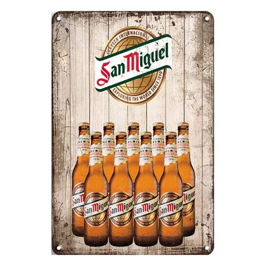 San Miguel Vintage Beer Bottle Wall Sign featuring beer bottles and logo on a rustic wooden background, ideal for home bars and pubs.