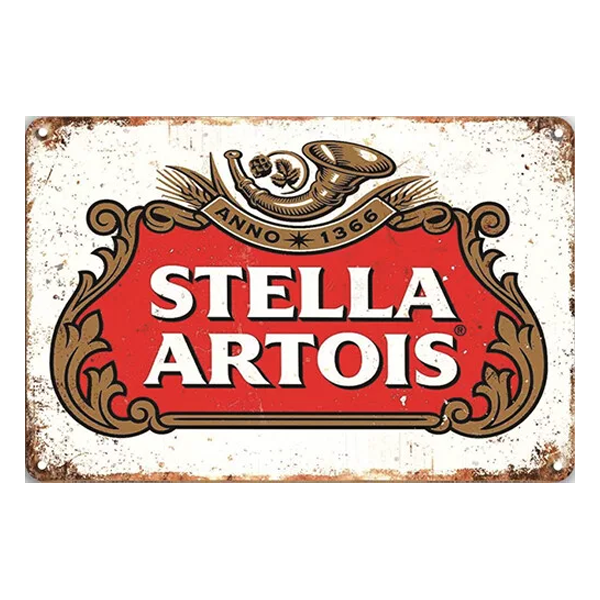 Stella Artois Vintage Logo Wall Sign featuring the classic logo in a distressed design, perfect for home bars and pubs, made of durable aluminium.