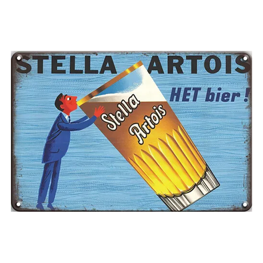 Stella Artois Retro Wall Sign featuring a "Het Bier" design with a man holding a beer glass, ideal for pubs, home bars, or man caves.